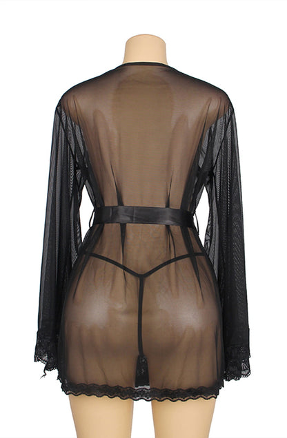 YesX Dressing Gown with Black Lace Trim and Satin Belt Includes Matching Underwear