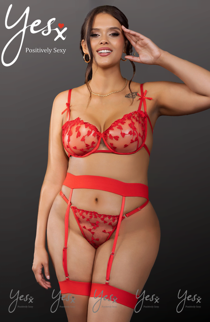 YesX Red Plus Size Bra Set with Adjustable waist detail Belt and Brief