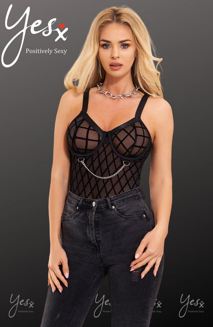 YesX Black Bodysuit with Chain Details and Adjustable waist detail Straps