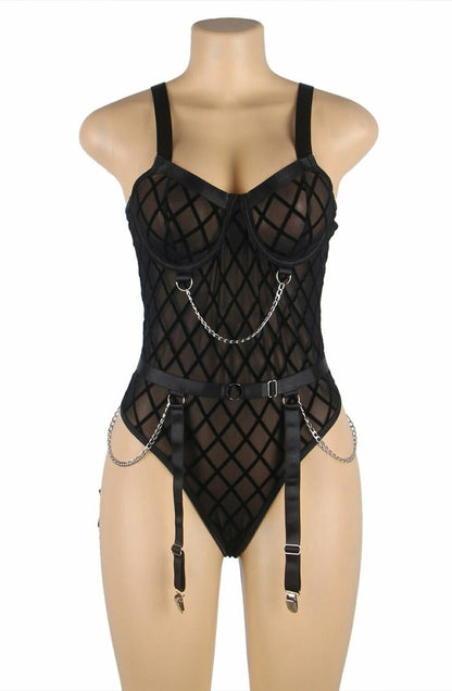 YesX Black Bodysuit with Chain Details and Adjustable waist detail Straps