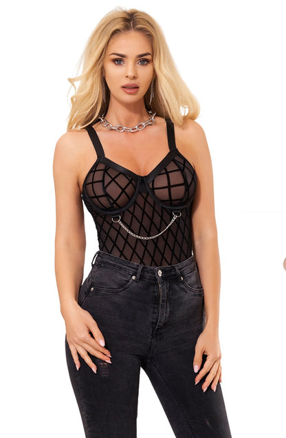 YesX Black Bodysuit with Chain Details and Adjustable waist detail Straps