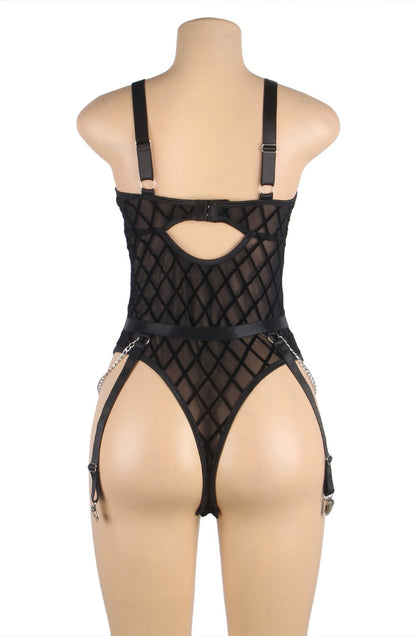 YesX Black Plus Size Bodysuit with Chain Design and Adjustable waist detail Straps