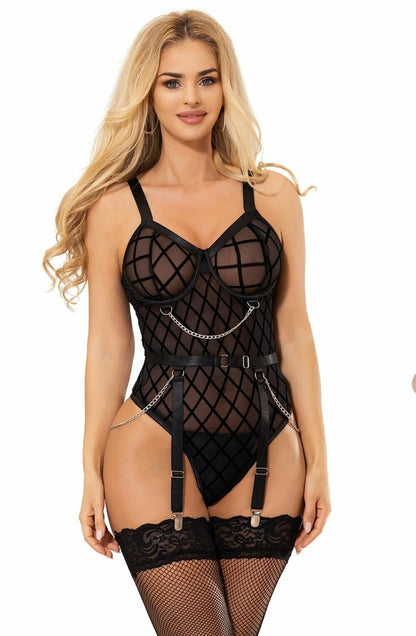 YesX Black Bodysuit with Chain Details and Adjustable waist detail Straps