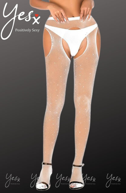 YesX Sparkly White Fishnet Tights with Mesh Design Design