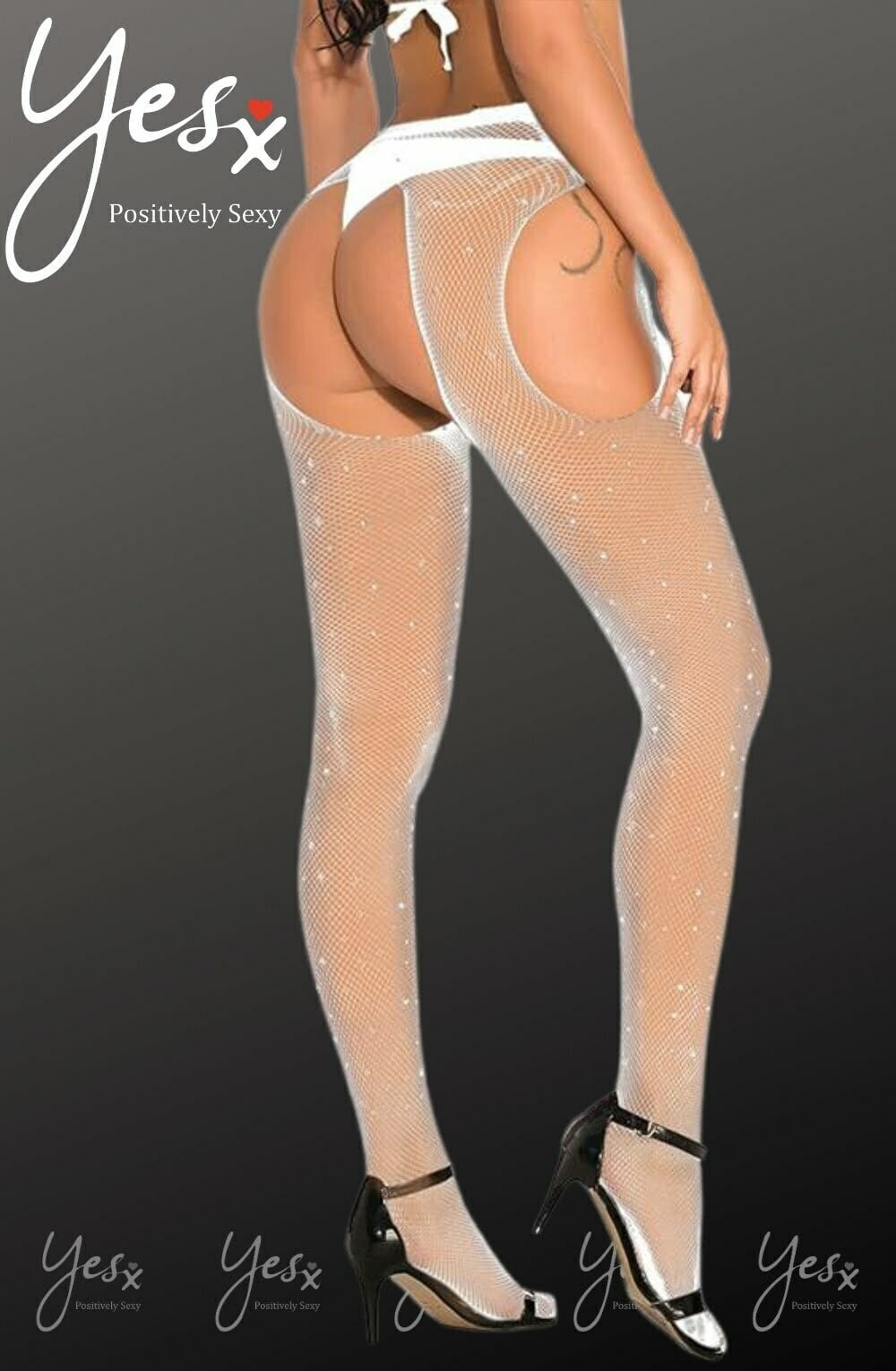 YesX Sparkly White Fishnet Tights with Mesh Design Design