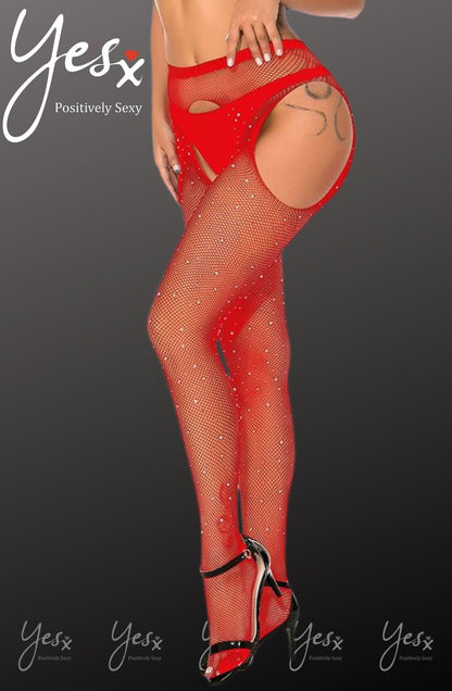 YesX Sparkly Red Fishnet Tights with Shimmering Effect