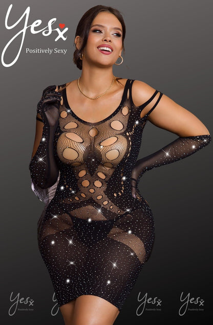 YesX Sparkly Black Plus Size Mesh Jumpsuit Dress for Women