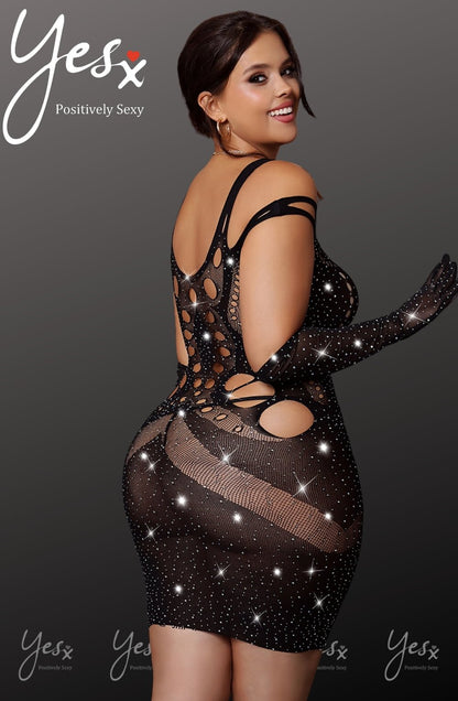 YesX Sparkly Black Plus Size Mesh Jumpsuit Dress for Women