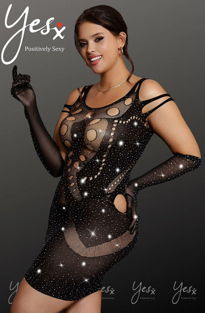 YesX Sparkly Black Plus Size Mesh Jumpsuit Dress for Women