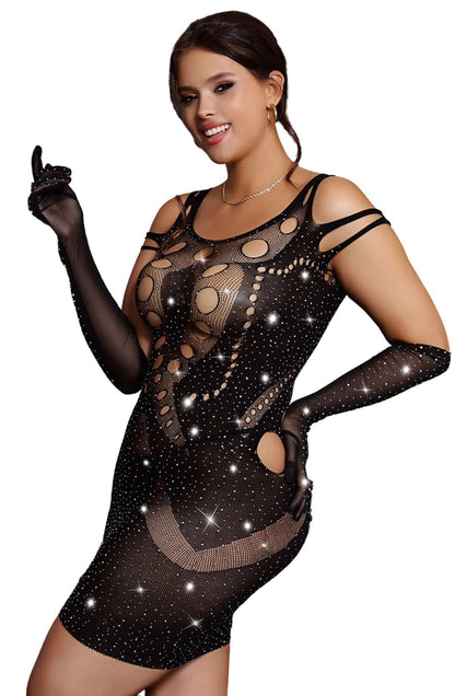 YesX Sparkly Black Plus Size Mesh Jumpsuit Dress for Women