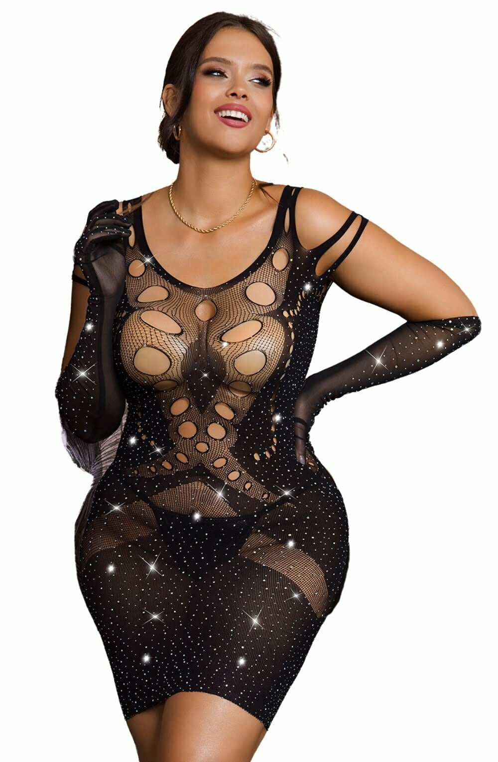 YesX Sparkly Black Plus Size Mesh Jumpsuit Dress for Women