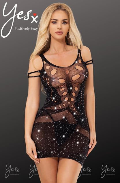 YesX Sparkly Black Mesh Jumpsuit Dress with Shimmering Detail for Women