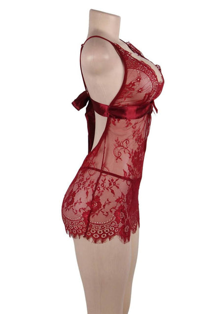 YesX Red Eyelash Lace Chemise with Keyhole Design, Matching Brief, and Satin Bag
