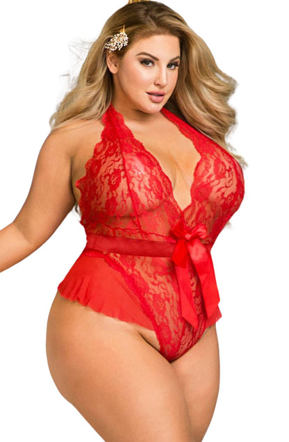 YesX Hot Red Lace Lace Body Plus Size with Detachable Waistband Nightwear