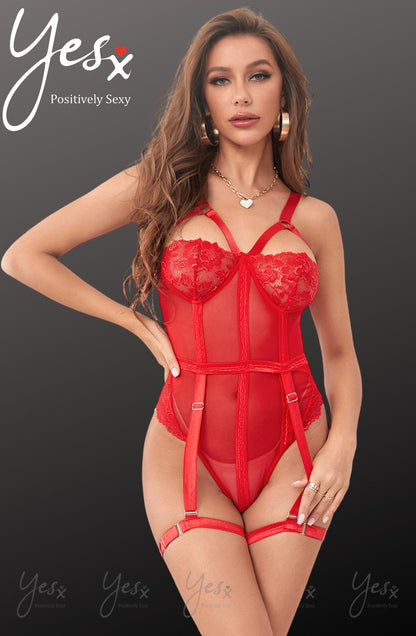 YesX Red Lace Bodysuit with Adjustable Straps and Popper Fastening
