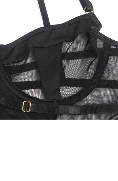 YesX Black Underwire Mesh Bodysuit with Matching Leg Rings for Women