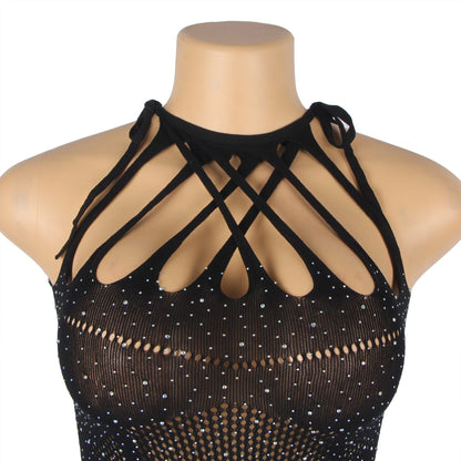 YesX Sparkle Rhinestone Fishnet lightweight mesh Black Dress with Halter Neckline and Cut-Out Details