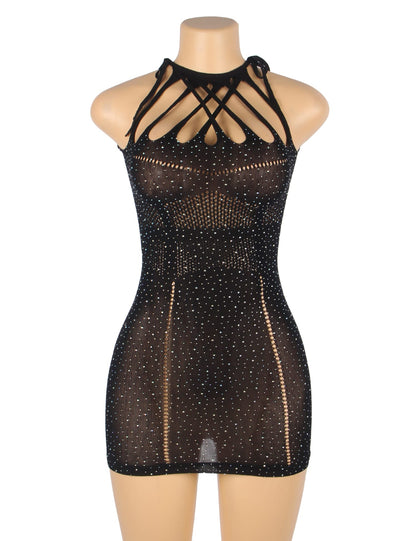 YesX Sparkle Rhinestone Fishnet lightweight mesh Black Dress with Halter Neckline and Cut-Out Details