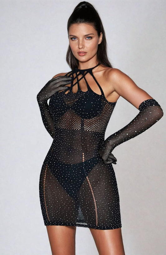 YesX Sparkle Rhinestone Fishnet lightweight mesh Black Dress with Halter Neckline and Cut-Out Details