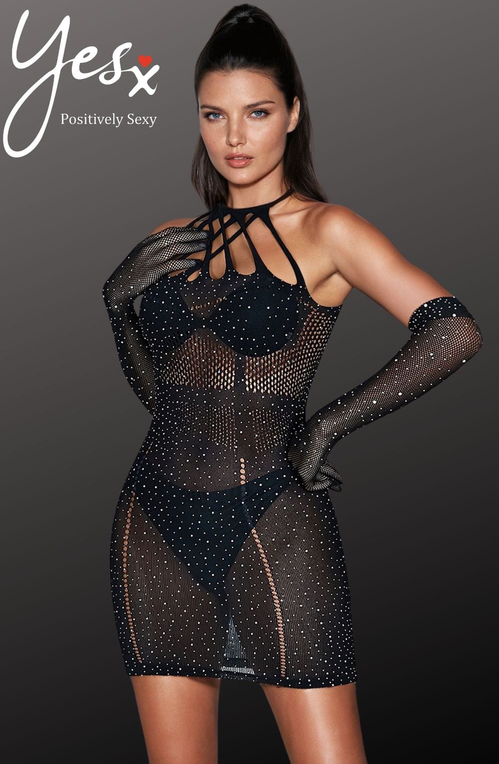 YesX Sparkle Rhinestone Fishnet lightweight mesh Black Dress with Halter Neckline and Cut-Out Details