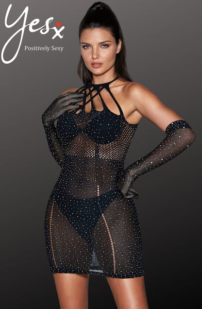 YesX Sparkle Rhinestone Fishnet lightweight mesh Black Dress with Halter Neckline and Cut-Out Details