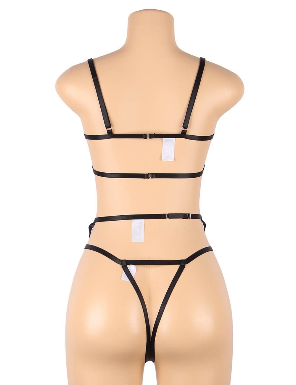 YesX YX867 Black 3-Piece Bra Set with Embroidery Applique and waist detail Belt