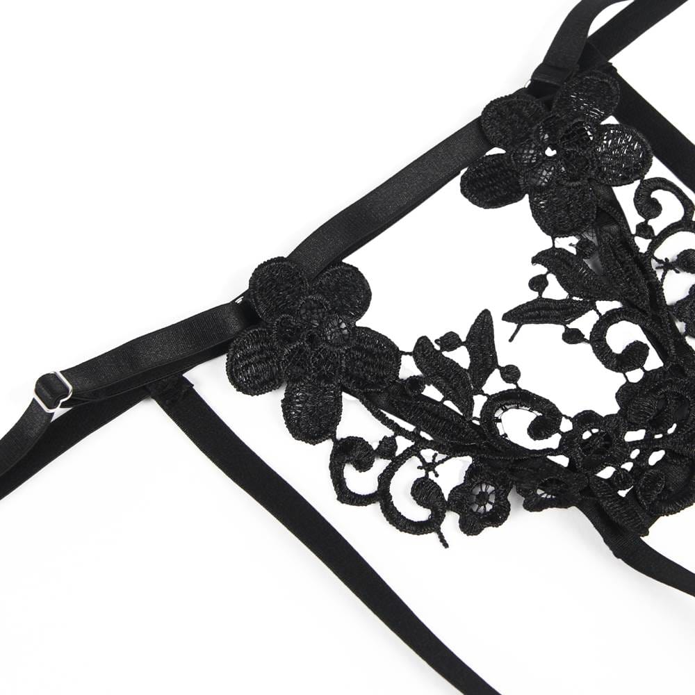 YesX YX867 Black 3-Piece Bra Set with Embroidery Applique and waist detail Belt