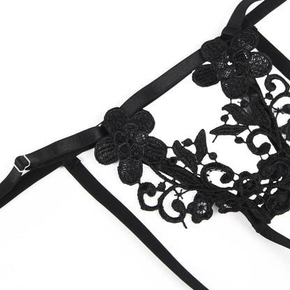 YesX YX867 Black 3-Piece Bra Set with Embroidery Applique and waist detail Belt