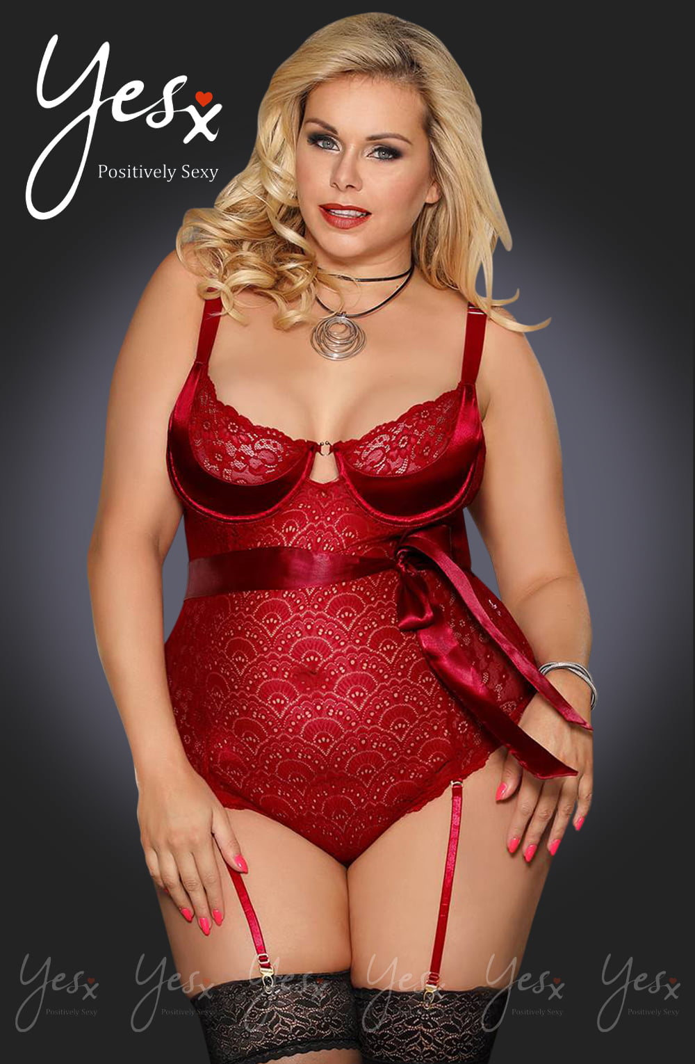 YesX Red Lace Bodysuit with Satin Bow and Adjustable Straps