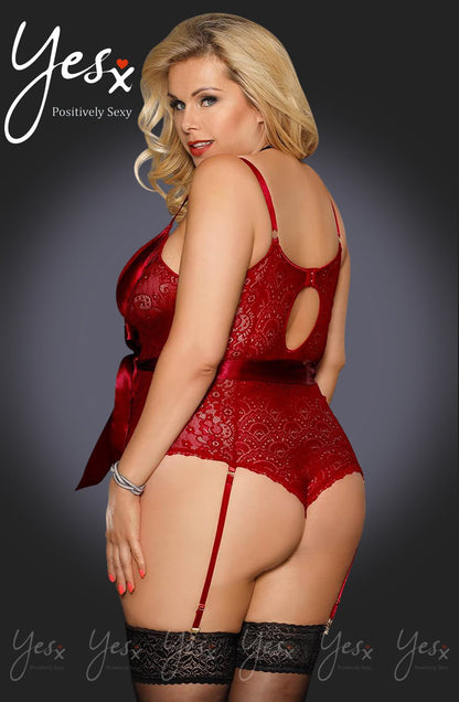 YesX Red Lace Bodysuit with Satin Bow and Adjustable Straps