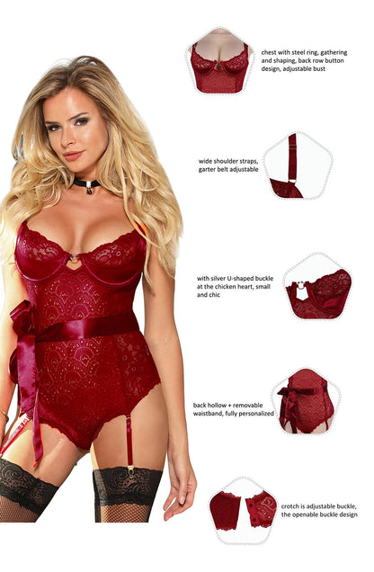 YesX Red Lace Bodysuit with Satin Bow and Removable waist detail Straps