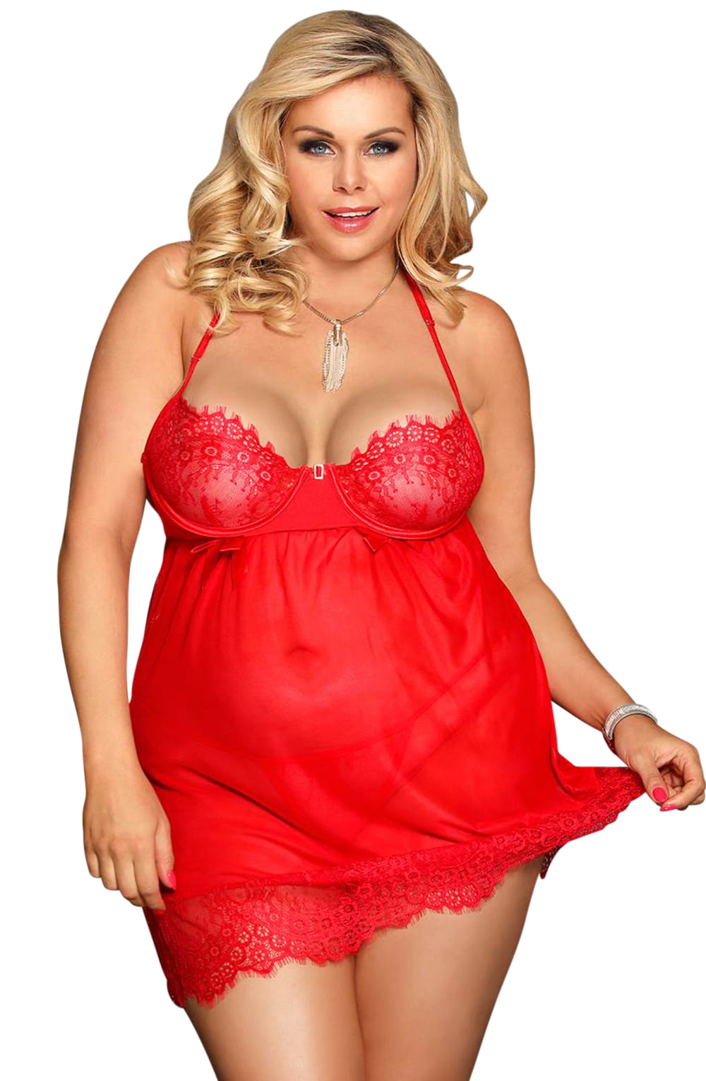 YesX Red Halter Dress Set with Underwired Cups and Matching Brief Nightwear