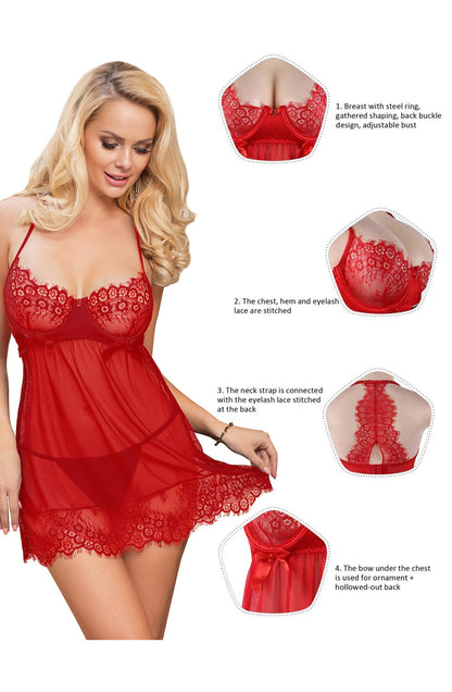 YesX Red Halter Dress Set with Underwired Cups and Matching Brief Nightwear