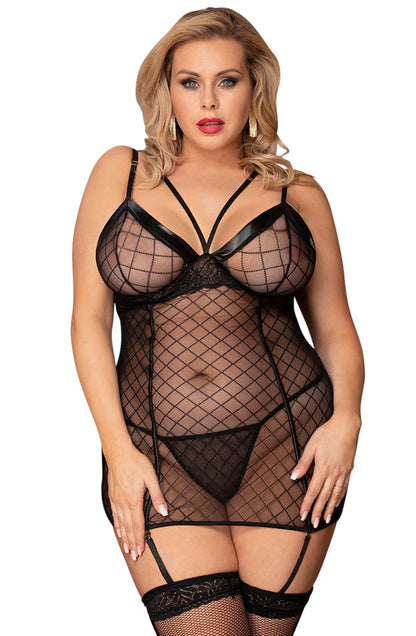 YesX Black Chemise with Lace and Mesh Trim, Adjustable Straps, Matching Matching Brief, and Removable waist detail Straps