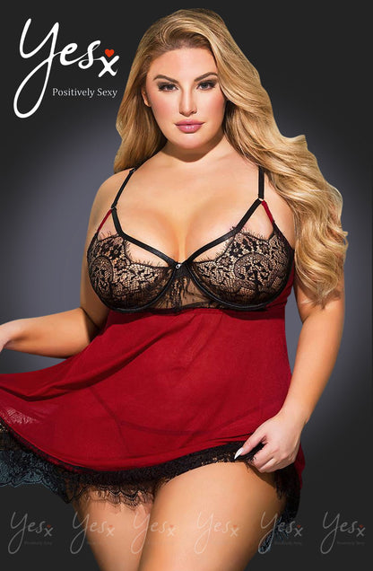 YesX Black and Red Halter Dress Set with Lace Bust and Matching Matching Brief