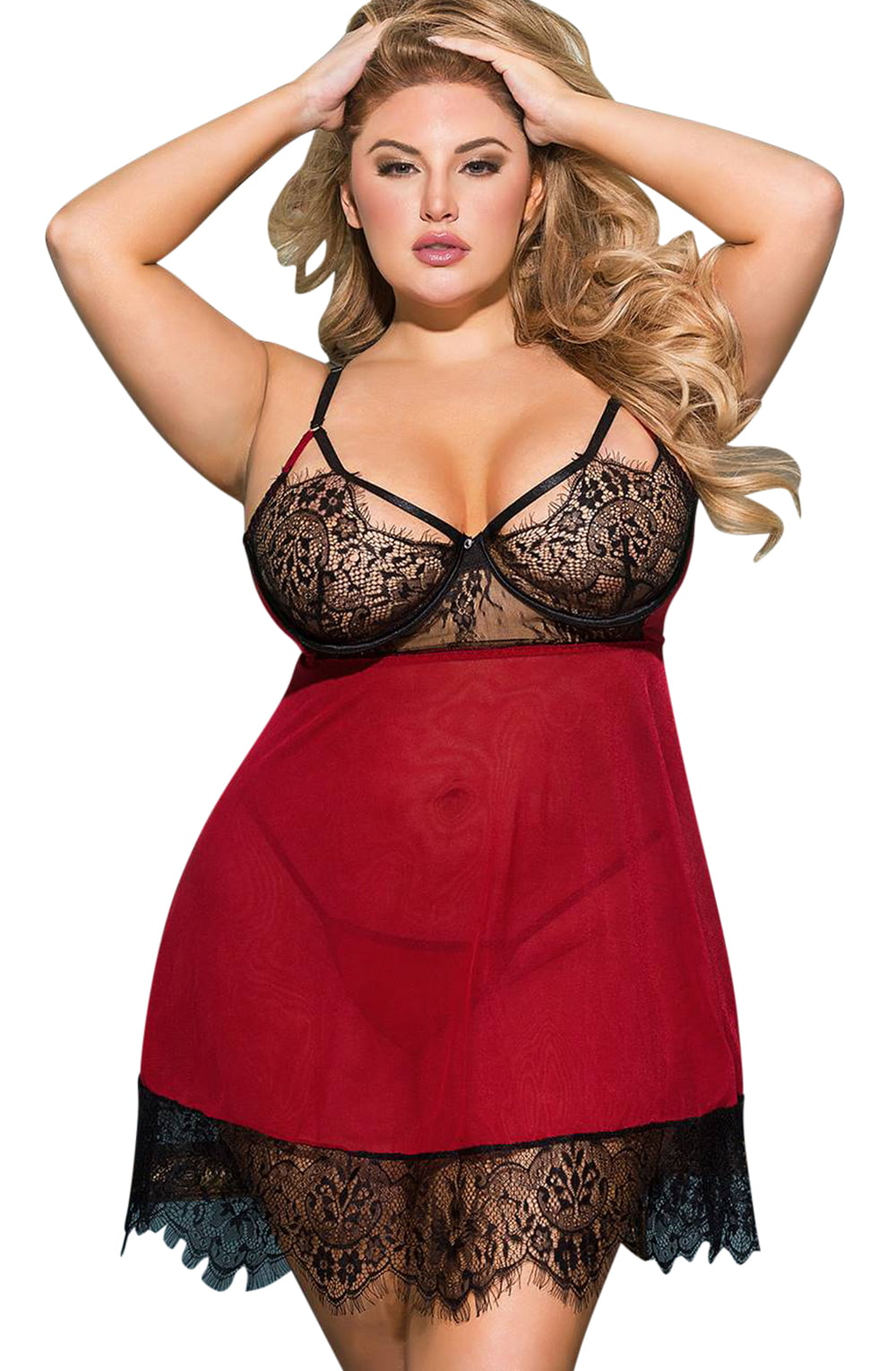 YesX Black and Red Halter Dress Set with Lace Bust and Matching Matching Brief
