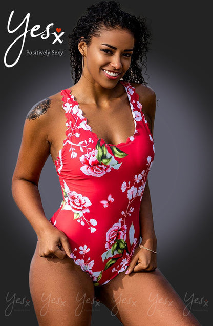 YesX Pink Floral One Piece Swimsuit with Scalloped Edge Trim