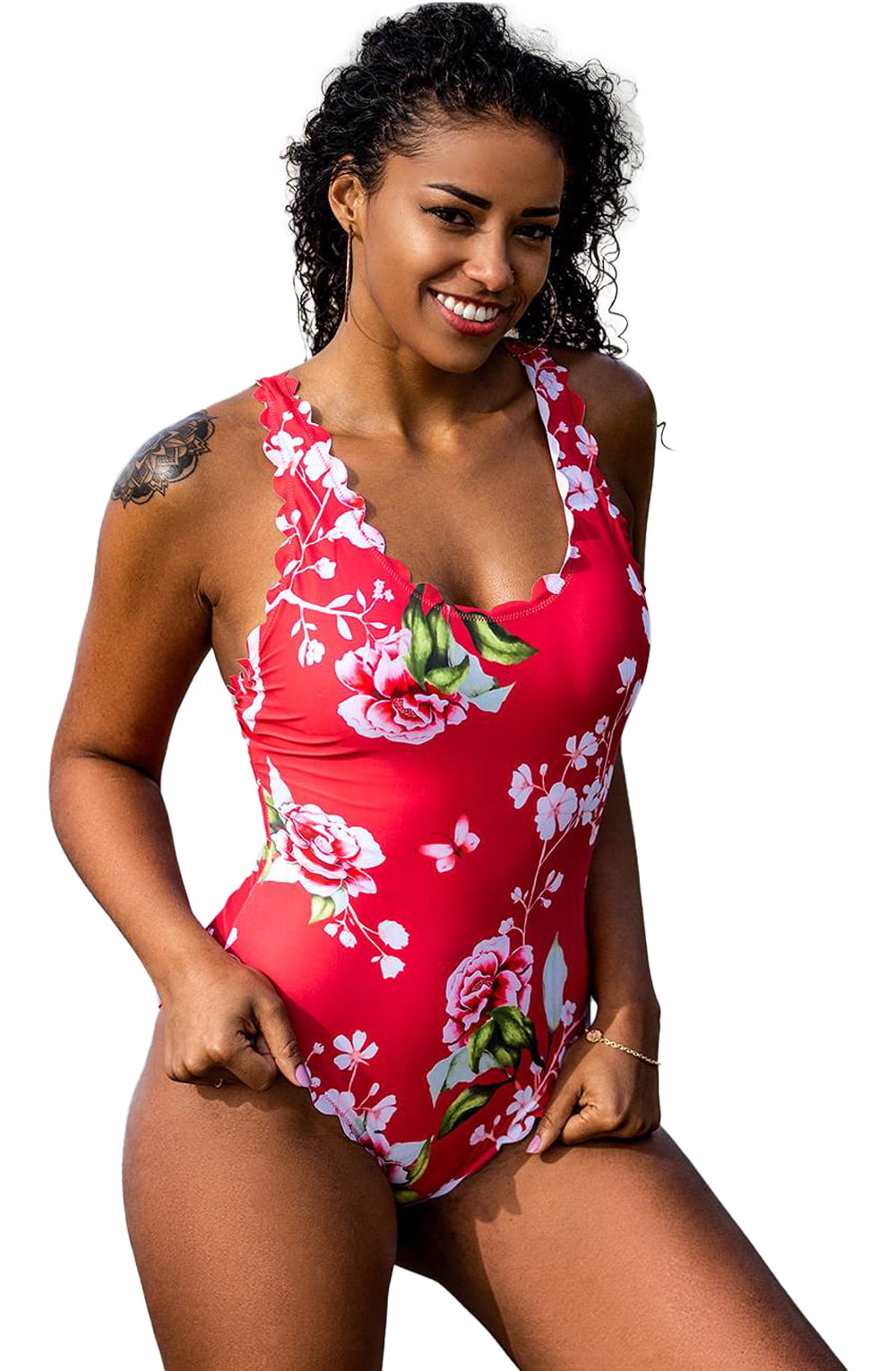 YesX Pink Floral One Piece Swimsuit with Scalloped Edge Trim