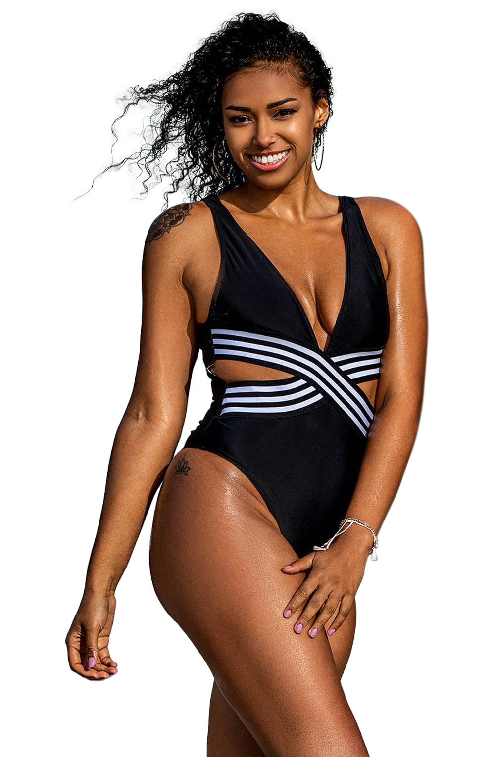 YesX Black One Piece Swimsuit with Plunging Neckline and Cutout Panels