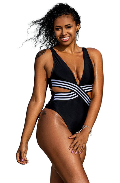 YesX Black One Piece Swimsuit with Plunging Neckline and Cutout Panels