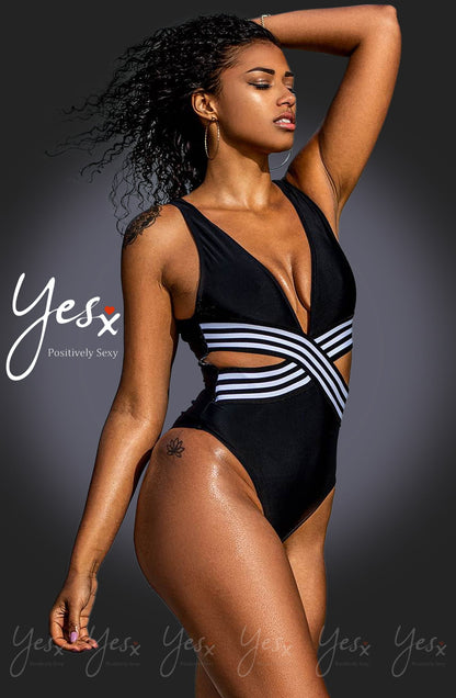 YesX Black One Piece Swimsuit with Plunging Neckline and Cutout Panels