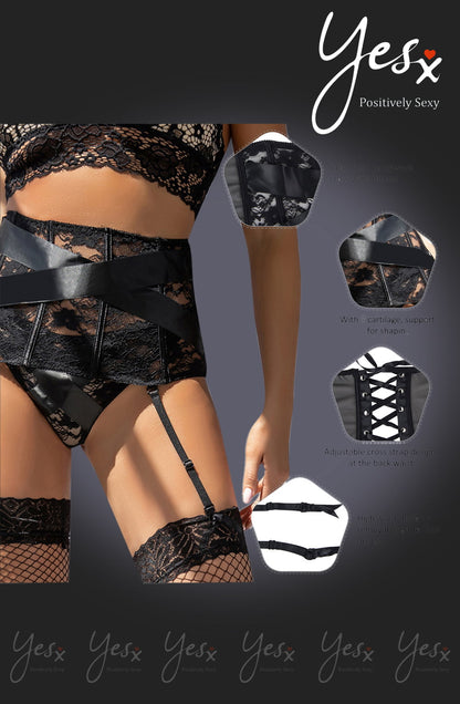 YesX Black Floral Lace waist detail Belt and Matching Brief Set with Satin Band