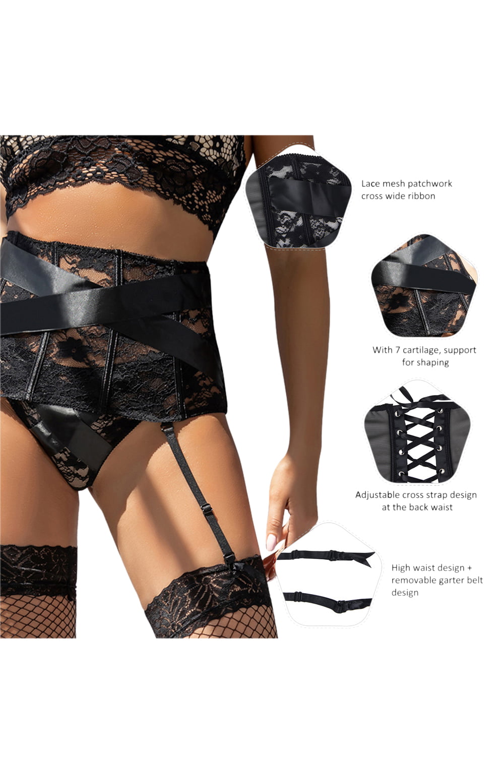 YesX Black Floral Lace waist detail Belt and Matching Brief Set with Satin Band