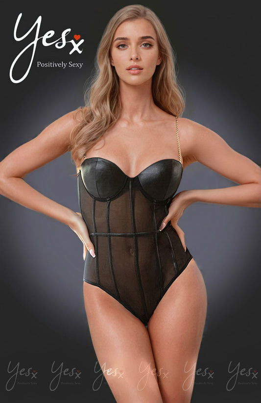 YesX Black lightweight mesh Bodysuit with Satin Underwired Cups and Gold Chain Straps for Women