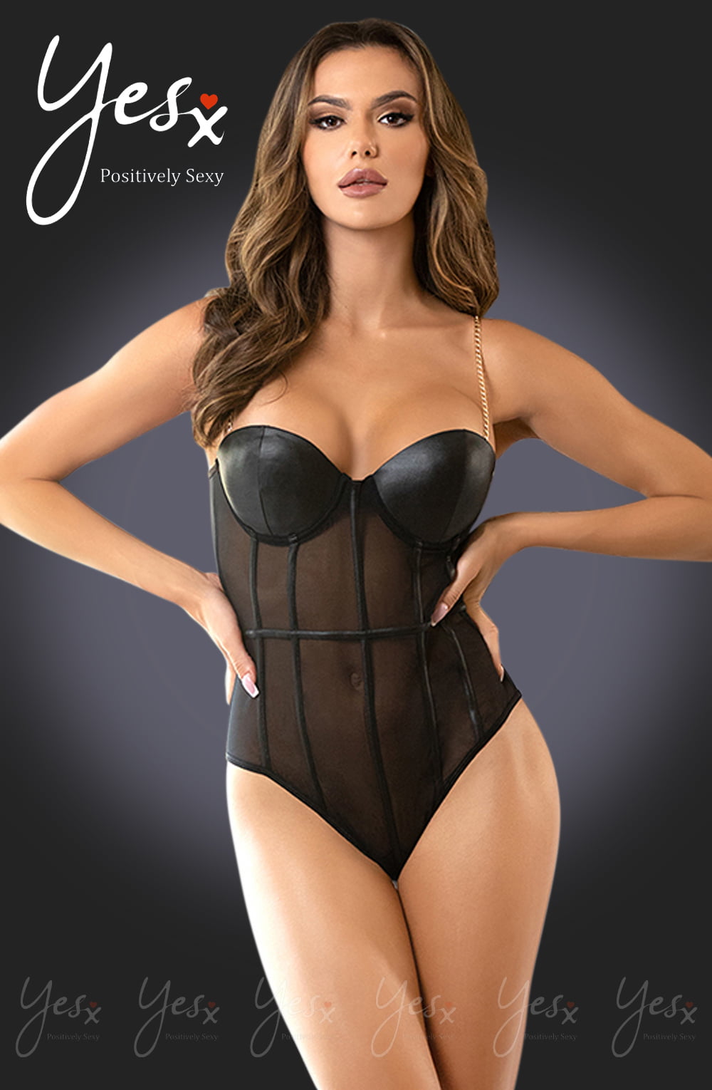 YesX Black lightweight mesh Bodysuit with Satin Underwired Cups and Gold Chain Straps for Women