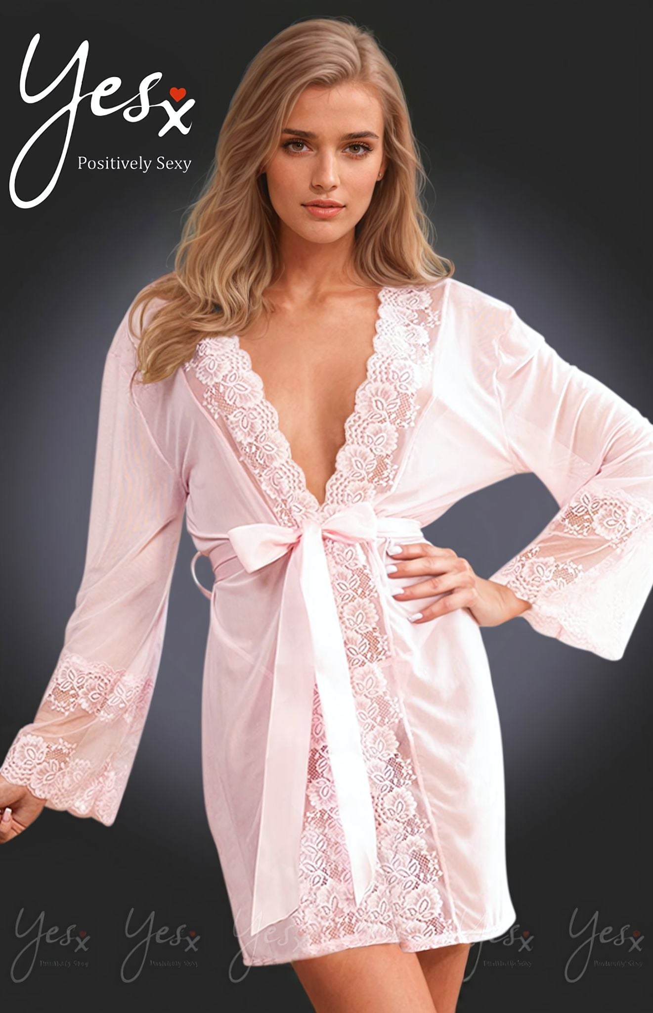 YesX Pink lightweight mesh Dressing Gown with Floral Lace Trim and Satin Belt for Women