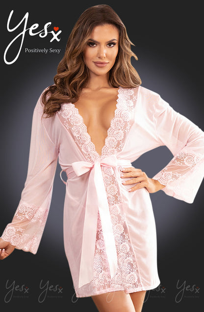 YesX Pink lightweight mesh Dressing Gown with Floral Lace Trim and Satin Belt for Women