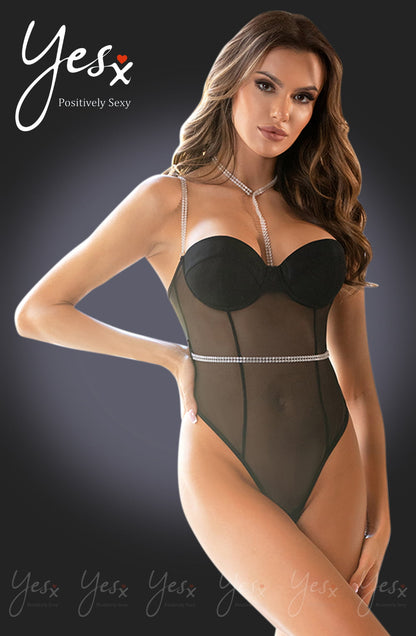 YesX Black lightweight mesh Bodysuit with Diamante Accents and Adjustable Straps