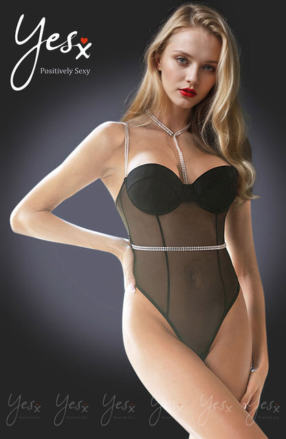 YesX Black lightweight mesh Bodysuit with Diamante Accents and Adjustable Straps