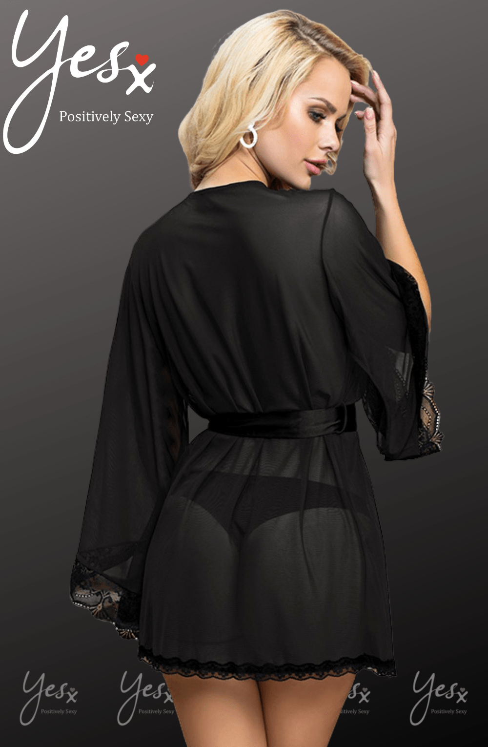YesX Dressing Gown with Black Lace Trim and Satin Belt Includes Matching Underwear